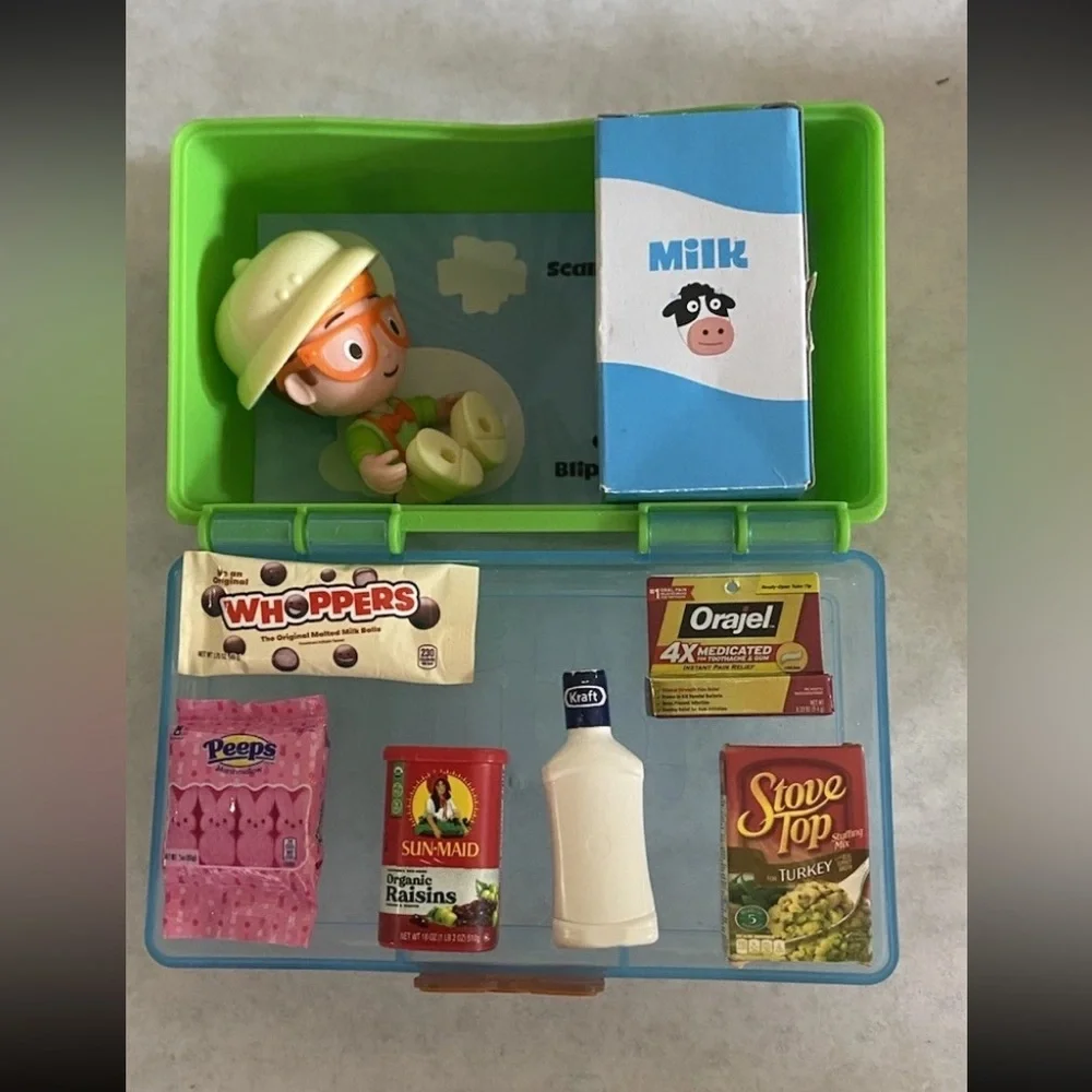 Blippi Lunch Box Surprise Toy And Mini Brands Whoppers Stove Top Raisin Orajel